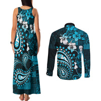 Fiji Masi Paisley Couples Matching Tank Maxi Dress and Long Sleeve Button Shirt Fijian Hibiscus Tapa Sky Blue Version LT01 - Polynesian Pride