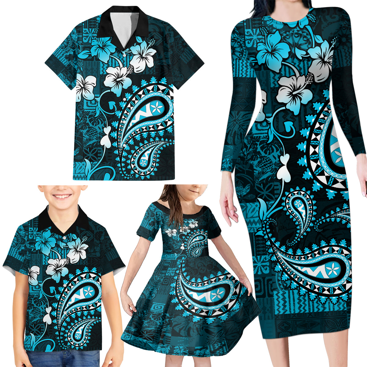 Fiji Masi Paisley Family Matching Long Sleeve Bodycon Dress and Hawaiian Shirt Fijian Hibiscus Tapa Sky Blue Version LT01 - Polynesian Pride