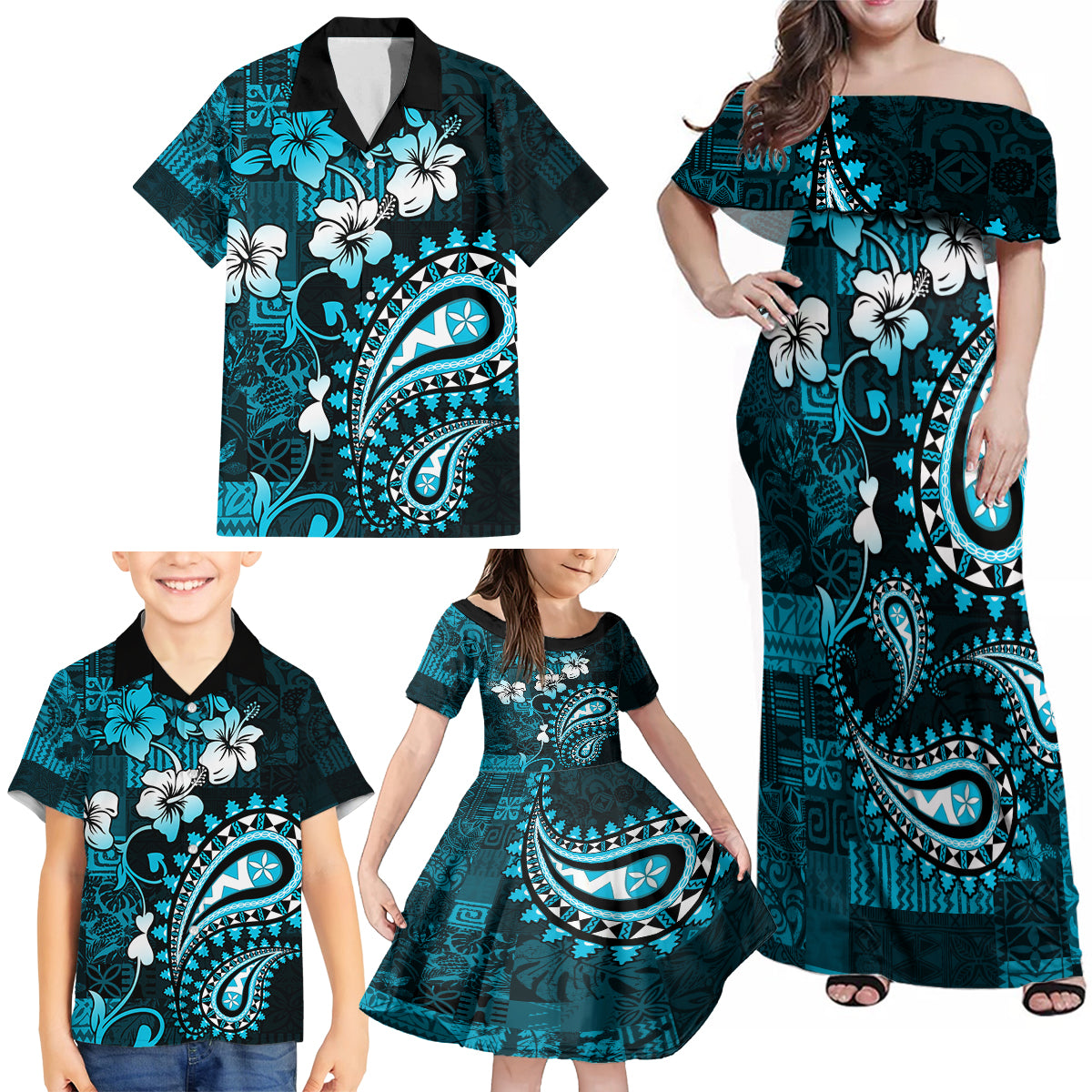 Fiji Masi Paisley Family Matching Off Shoulder Maxi Dress and Hawaiian Shirt Fijian Hibiscus Tapa Sky Blue Version LT01 - Polynesian Pride