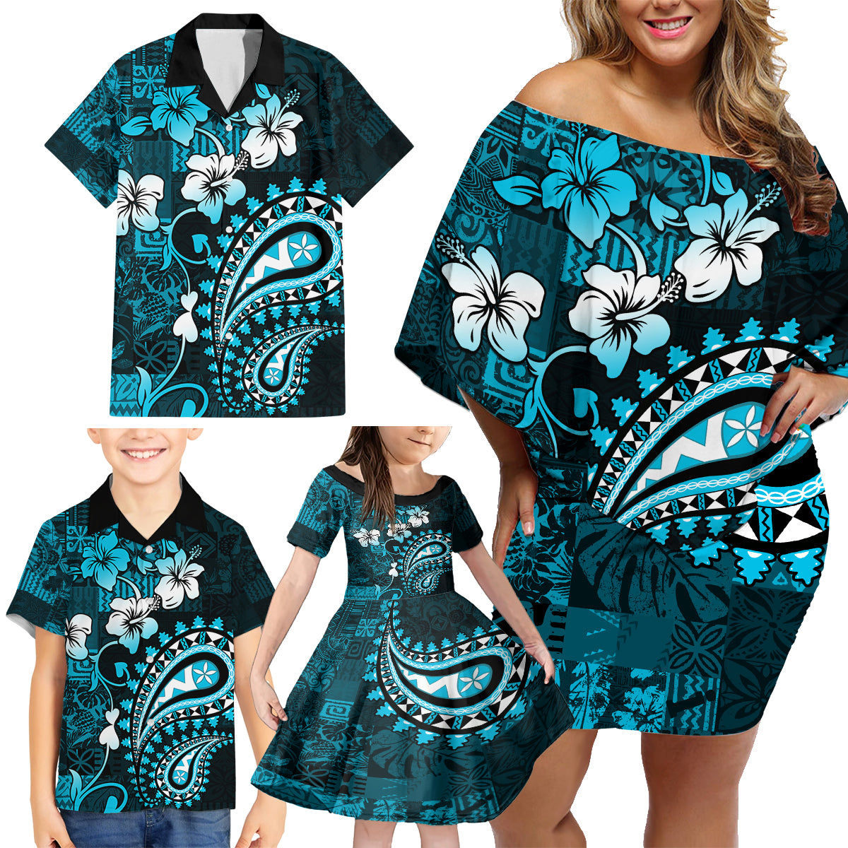 Fiji Masi Paisley Family Matching Off Shoulder Short Dress and Hawaiian Shirt Fijian Hibiscus Tapa Sky Blue Version LT01 - Polynesian Pride