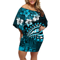 Fiji Masi Paisley Family Matching Off Shoulder Short Dress and Hawaiian Shirt Fijian Hibiscus Tapa Sky Blue Version LT01 Mom's Dress Blue - Polynesian Pride