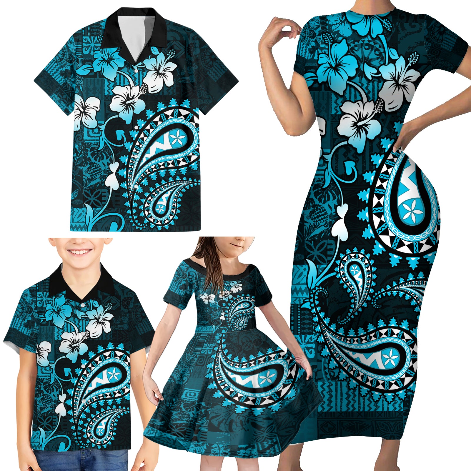 Fiji Masi Paisley Family Matching Short Sleeve Bodycon Dress and Hawaiian Shirt Fijian Hibiscus Tapa Sky Blue Version LT01 - Polynesian Pride