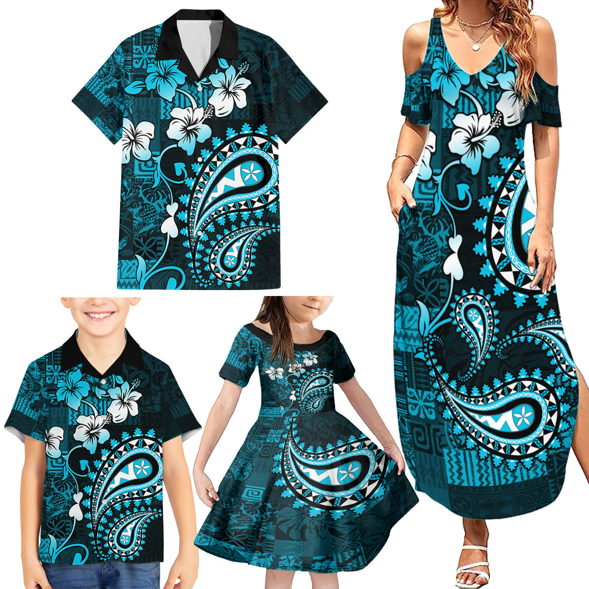 Fiji Masi Paisley Family Matching Summer Maxi Dress and Hawaiian Shirt Fijian Hibiscus Tapa Sky Blue Version LT01 - Polynesian Pride