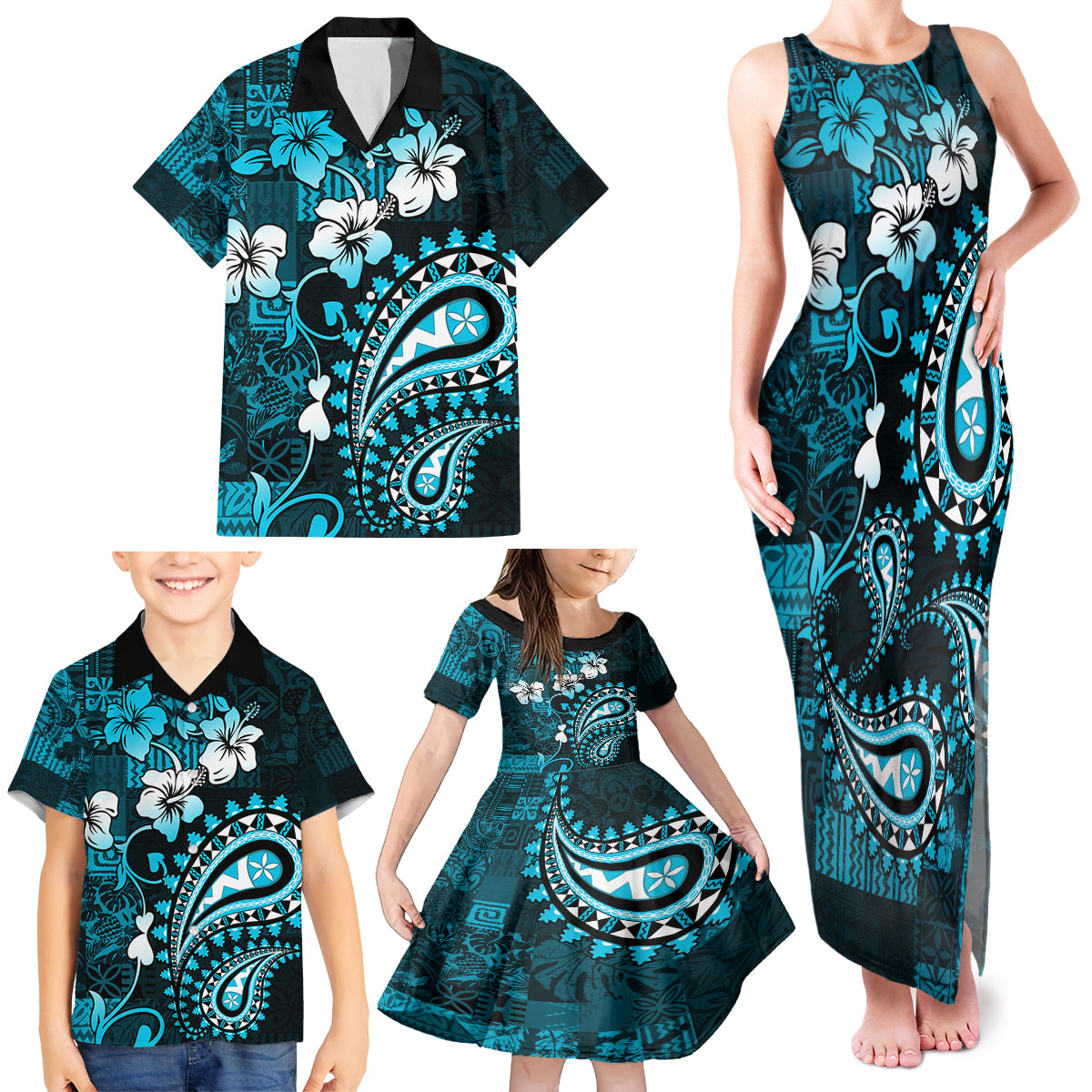 Fiji Masi Paisley Family Matching Tank Maxi Dress and Hawaiian Shirt Fijian Hibiscus Tapa Sky Blue Version LT01 - Polynesian Pride