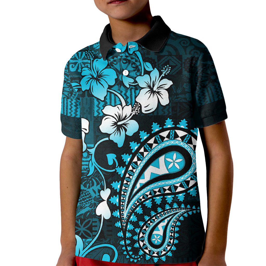Fiji Masi Paisley Kid Polo Shirt Fijian Hibiscus Tapa Sky Blue Version LT01 Kid Blue - Polynesian Pride