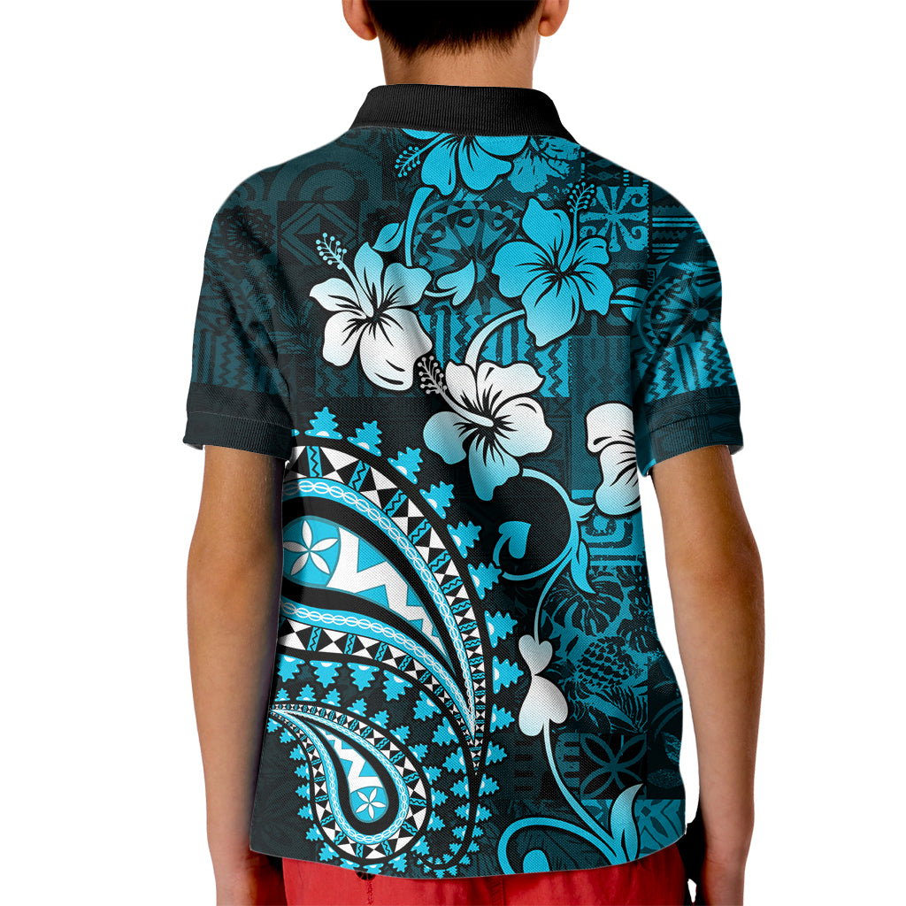 Fiji Masi Paisley Kid Polo Shirt Fijian Hibiscus Tapa Sky Blue Version LT01 - Polynesian Pride