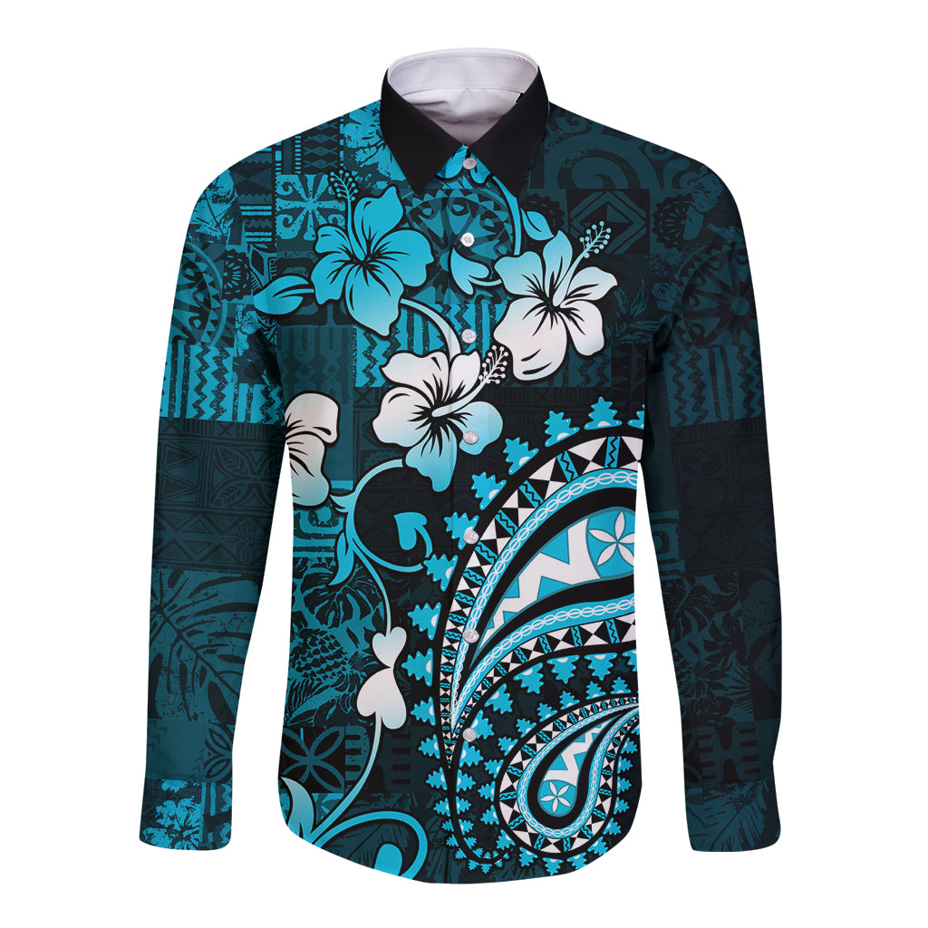 Fiji Masi Paisley Long Sleeve Button Shirt Fijian Hibiscus Tapa Sky Blue Version LT01 Unisex Blue - Polynesian Pride