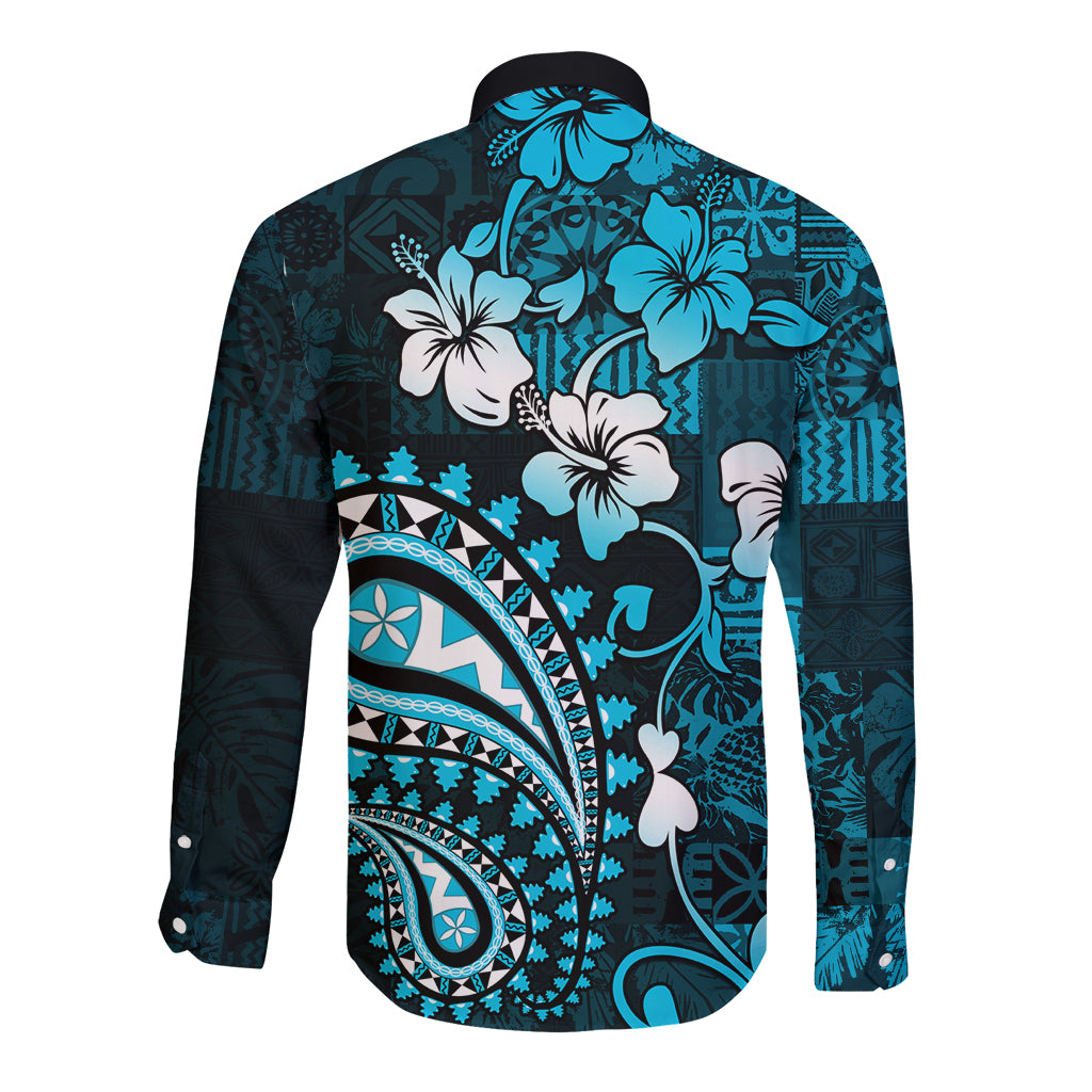 Fiji Masi Paisley Long Sleeve Button Shirt Fijian Hibiscus Tapa Sky Blue Version LT01 - Polynesian Pride