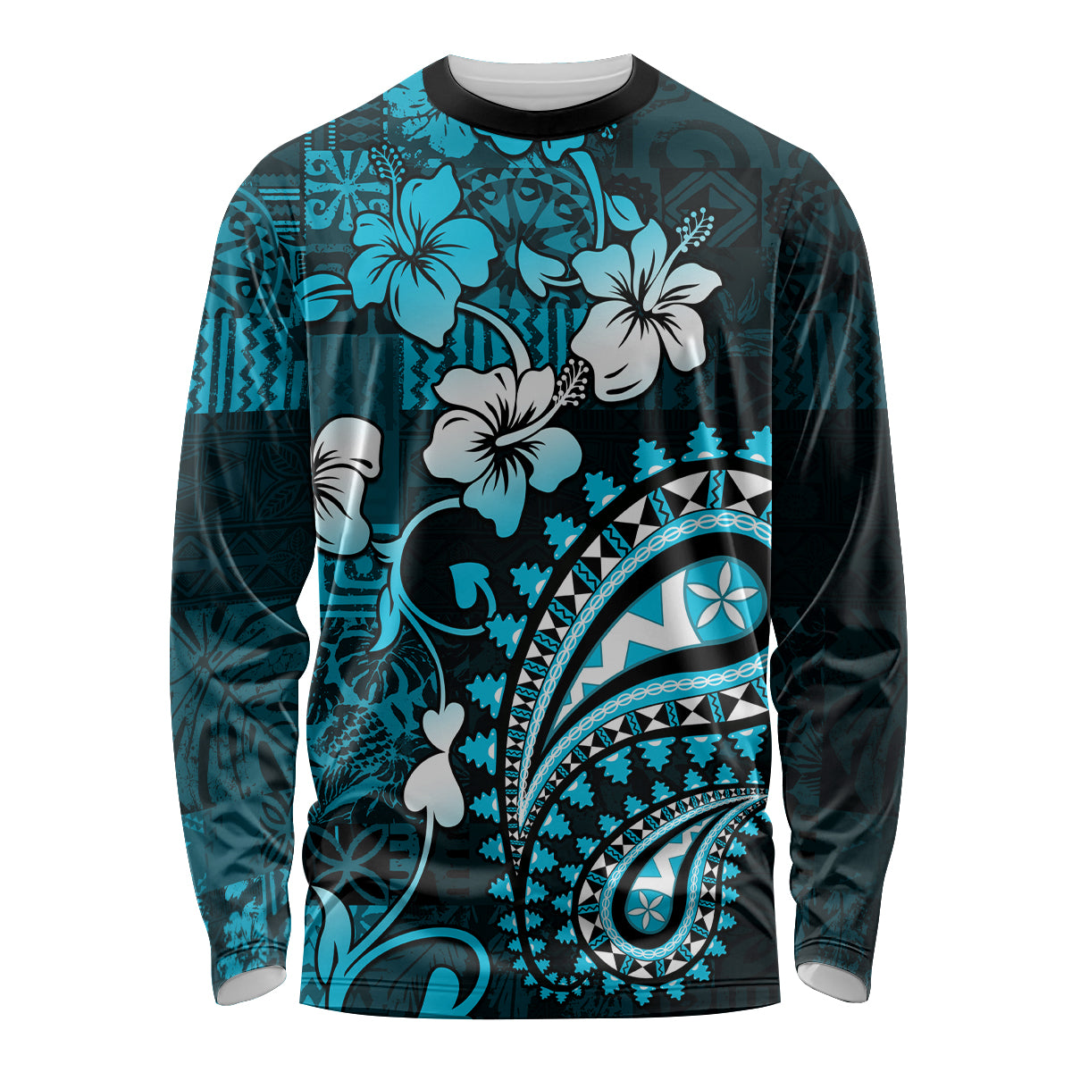 Fiji Masi Paisley Long Sleeve Shirt Fijian Hibiscus Tapa Sky Blue Version LT01 Unisex Blue - Polynesian Pride