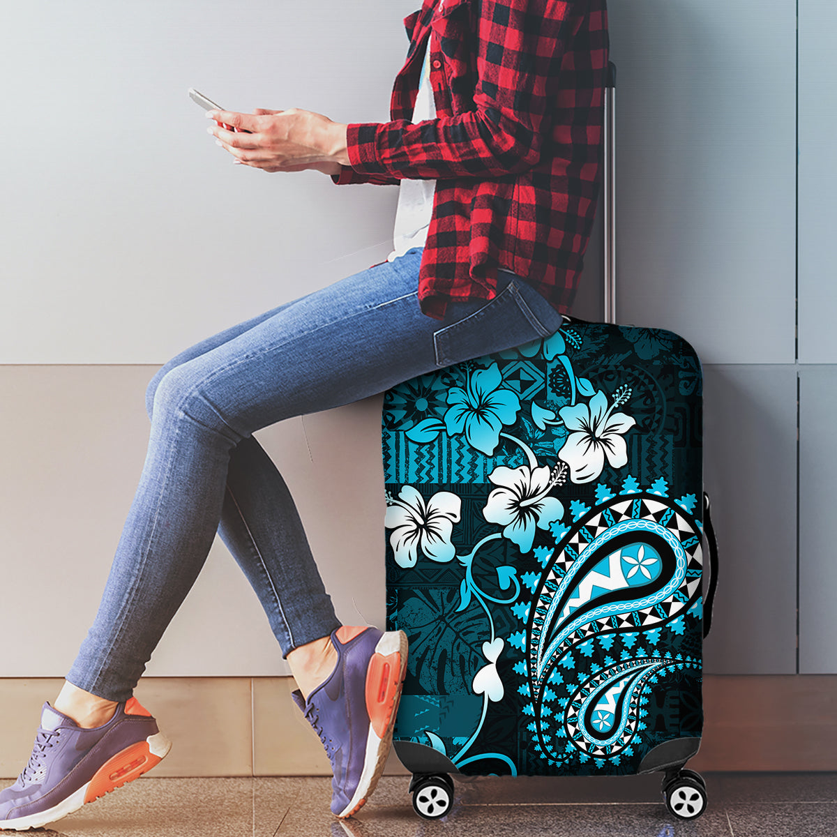 Fiji Masi Paisley Luggage Cover Fijian Hibiscus Tapa Sky Blue Version LT01 - Polynesian Pride