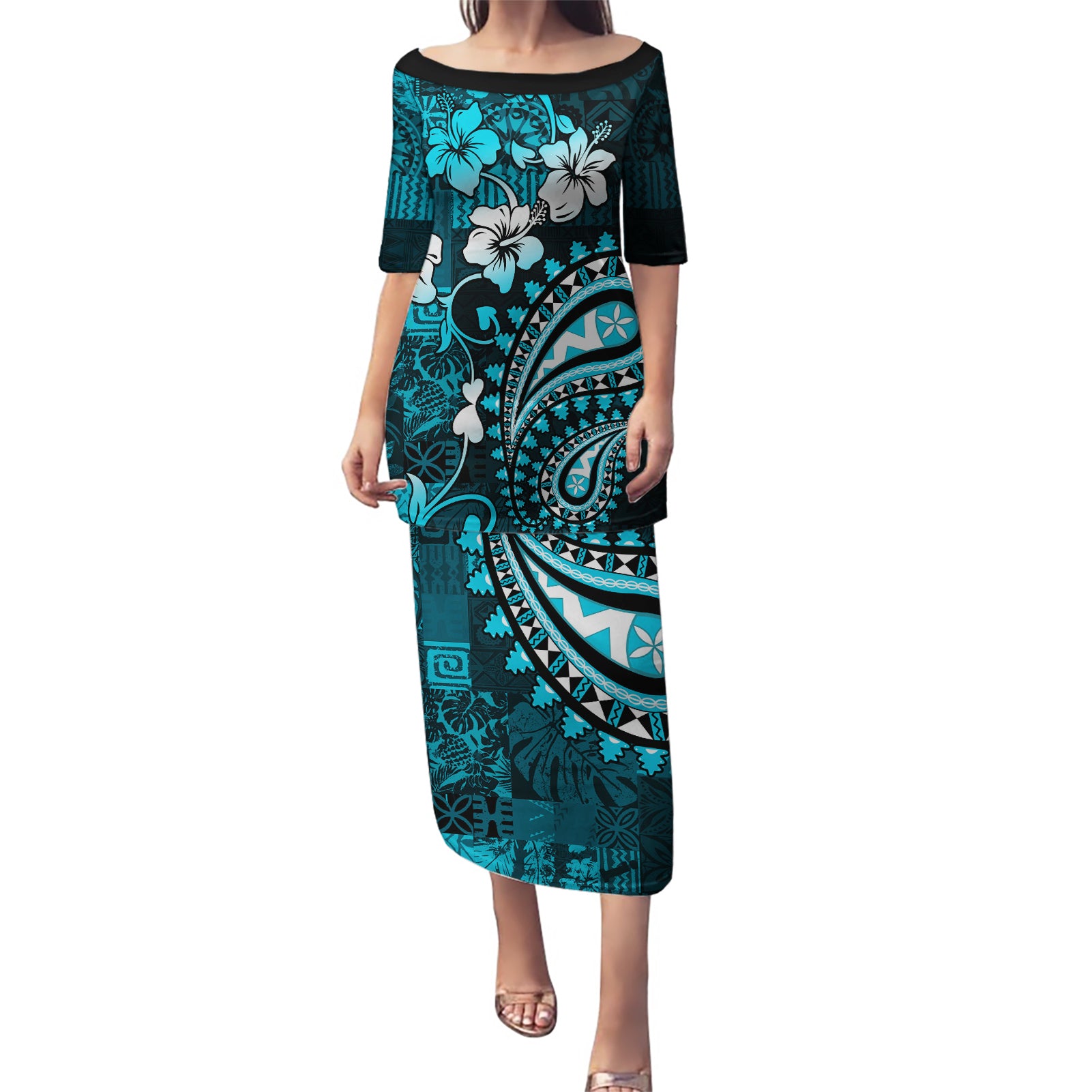 Fiji Masi Paisley Puletasi Fijian Hibiscus Tapa Sky Blue Version LT01 Long Dress Blue - Polynesian Pride