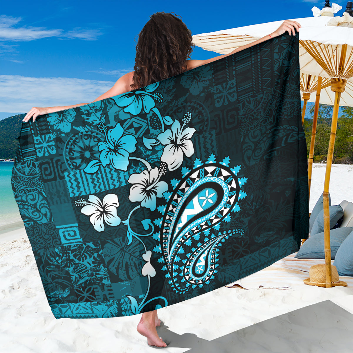 Fiji Masi Paisley Sarong Fijian Hibiscus Tapa Sky Blue Version LT01 One Size 44 x 66 inches Blue - Polynesian Pride