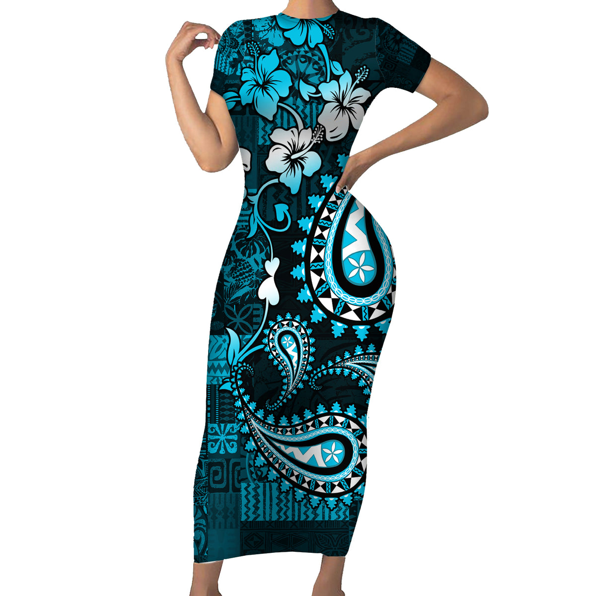 Fiji Masi Paisley Short Sleeve Bodycon Dress Fijian Hibiscus Tapa Sky Blue Version LT01 Long Dress Blue - Polynesian Pride