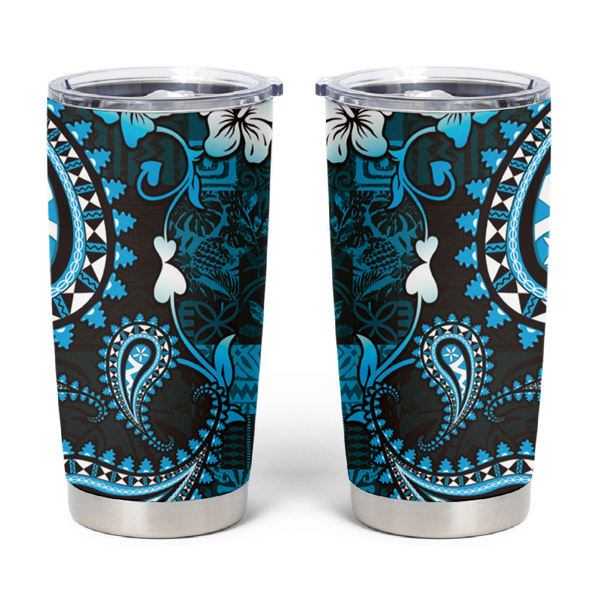 Fiji Masi Paisley Tumbler Cup Fijian Hibiscus Tapa Sky Blue Version