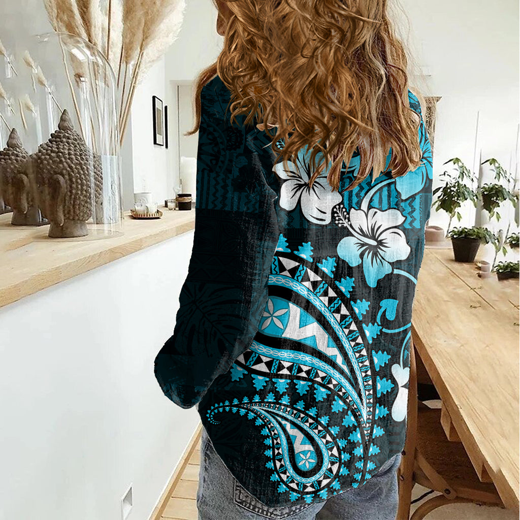 Fiji Masi Paisley Women Casual Shirt Fijian Hibiscus Tapa Sky Blue Version LT01 - Polynesian Pride