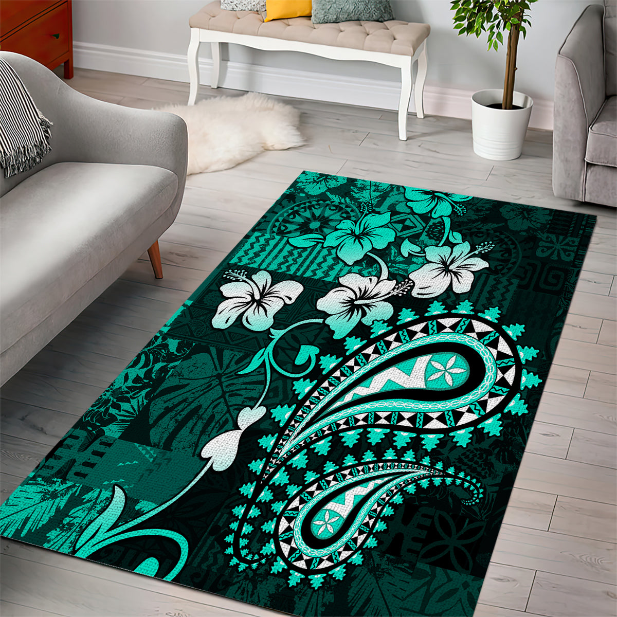 Fiji Masi Paisley Area Rug Fijian Hibiscus Tapa Turquoise Version LT01 - Polynesian Pride