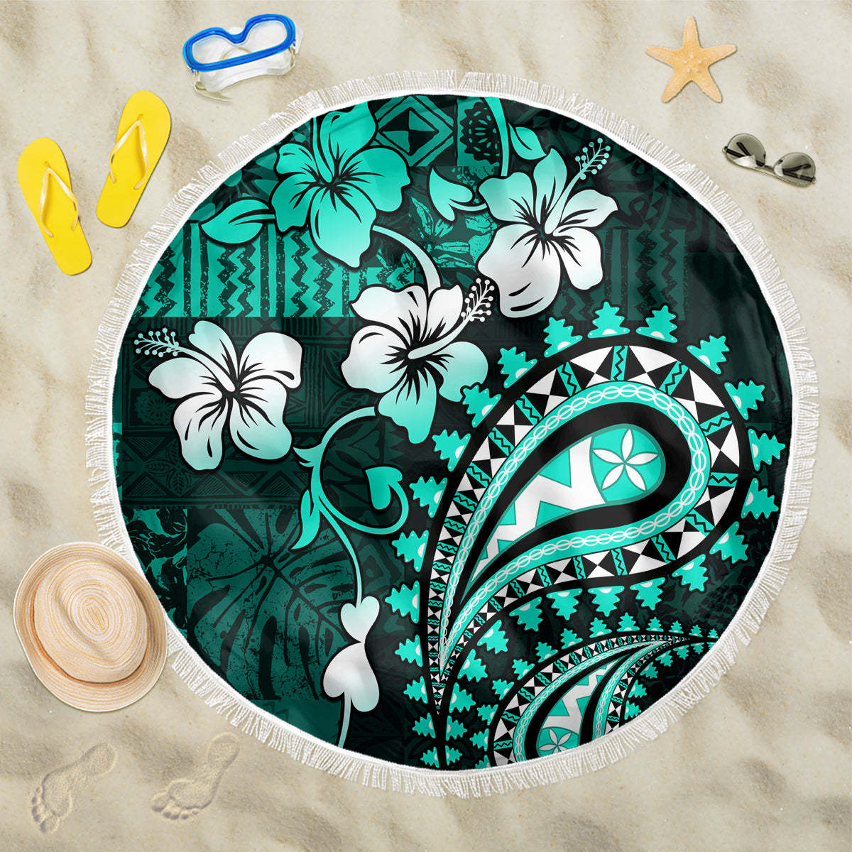 Fiji Masi Paisley Beach Blanket Fijian Hibiscus Tapa Turquoise Version LT01 One Size 150cm Turquoise - Polynesian Pride