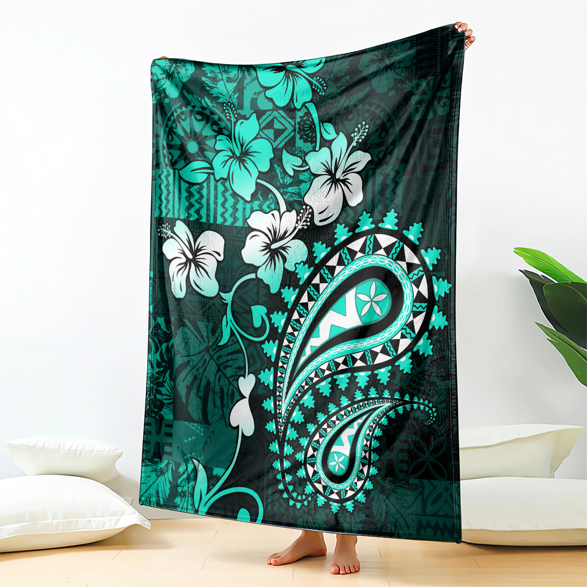 Fiji Masi Paisley Blanket Fijian Hibiscus Tapa Turquoise Version LT01 Turquoise - Polynesian Pride