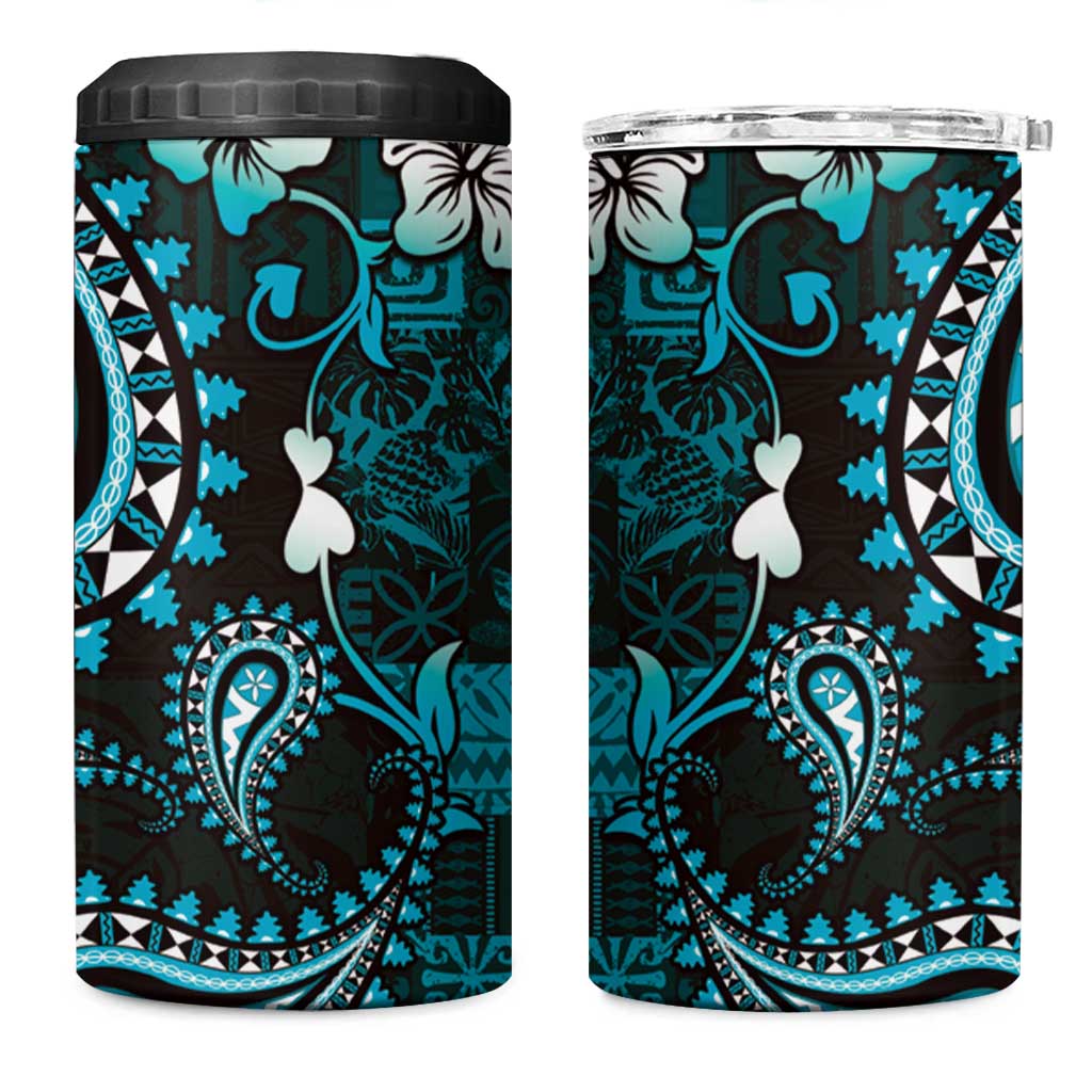 Fiji Masi Paisley 4 in 1 Can Cooler Tumbler Fijian Hibiscus Tapa Turquoise Version