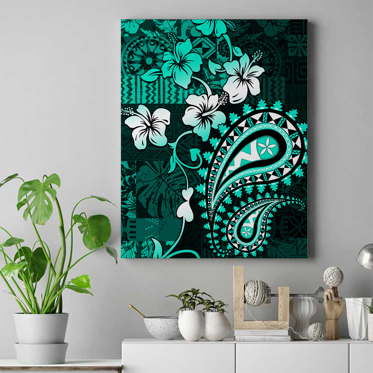 Fiji Masi Paisley Canvas Wall Art Fijian Hibiscus Tapa Turquoise Version LT01 Turquoise - Polynesian Pride