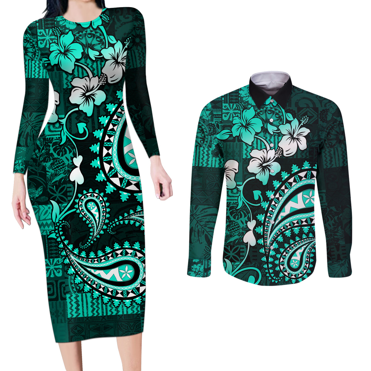 Fiji Masi Paisley Couples Matching Long Sleeve Bodycon Dress and Long Sleeve Button Shirt Fijian Hibiscus Tapa Turquoise Version LT01 Turquoise - Polynesian Pride