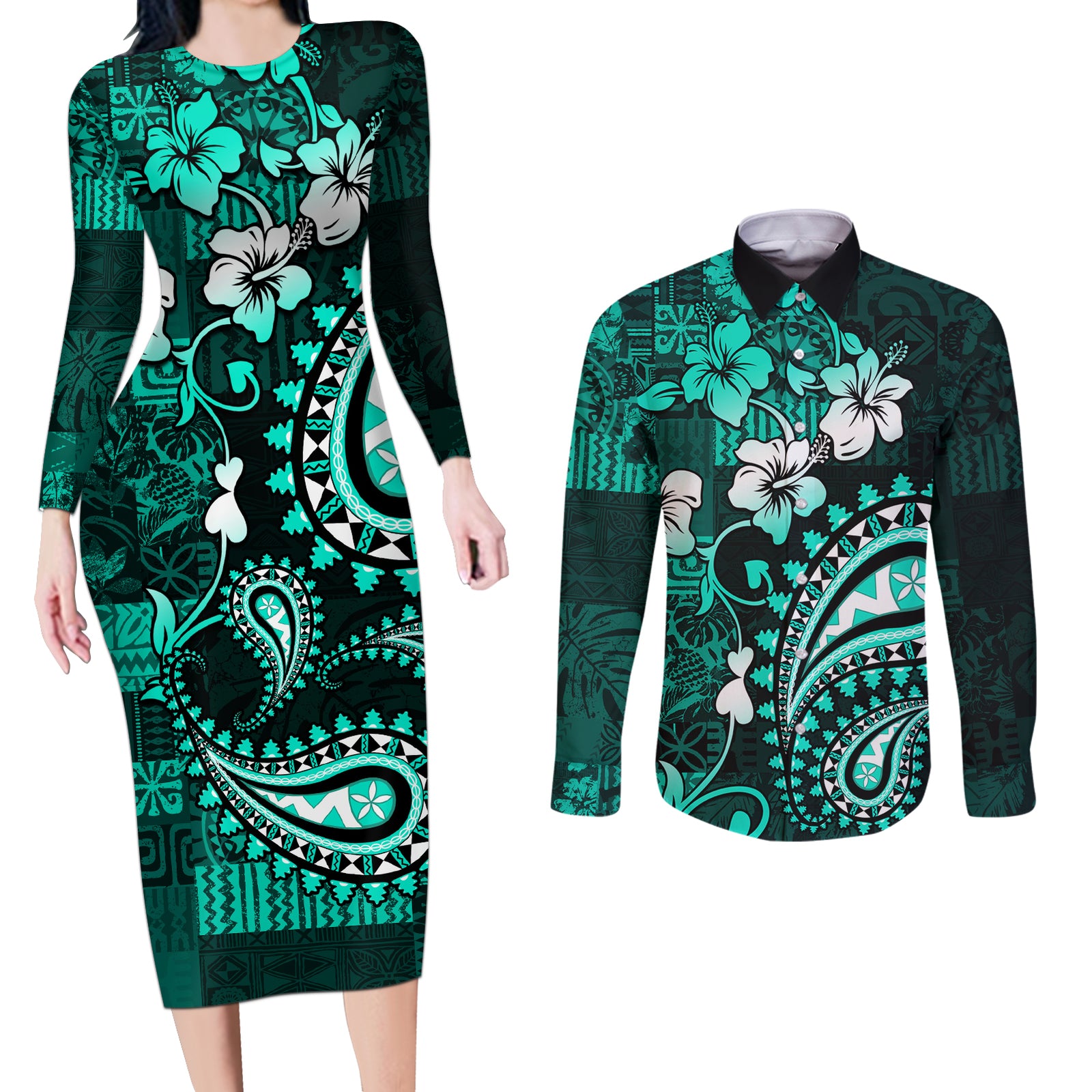 Fiji Masi Paisley Couples Matching Long Sleeve Bodycon Dress and Long Sleeve Button Shirt Fijian Hibiscus Tapa Turquoise Version LT01 Turquoise - Polynesian Pride