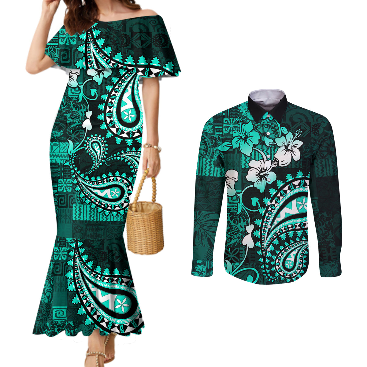 Fiji Masi Paisley Couples Matching Mermaid Dress and Long Sleeve Button Shirt Fijian Hibiscus Tapa Turquoise Version LT01 Turquoise - Polynesian Pride