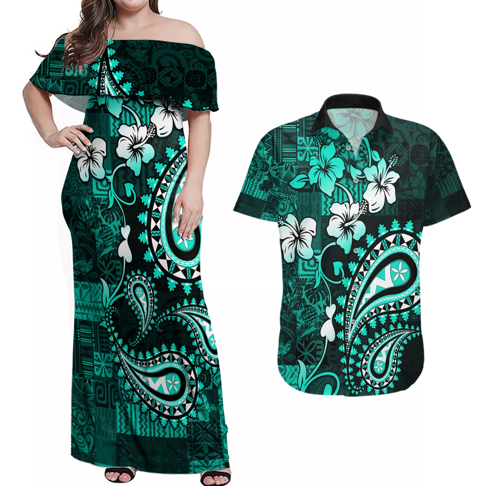 Fiji Masi Paisley Couples Matching Off Shoulder Maxi Dress and Hawaiian Shirt Fijian Hibiscus Tapa Turquoise Version LT01 Turquoise - Polynesian Pride