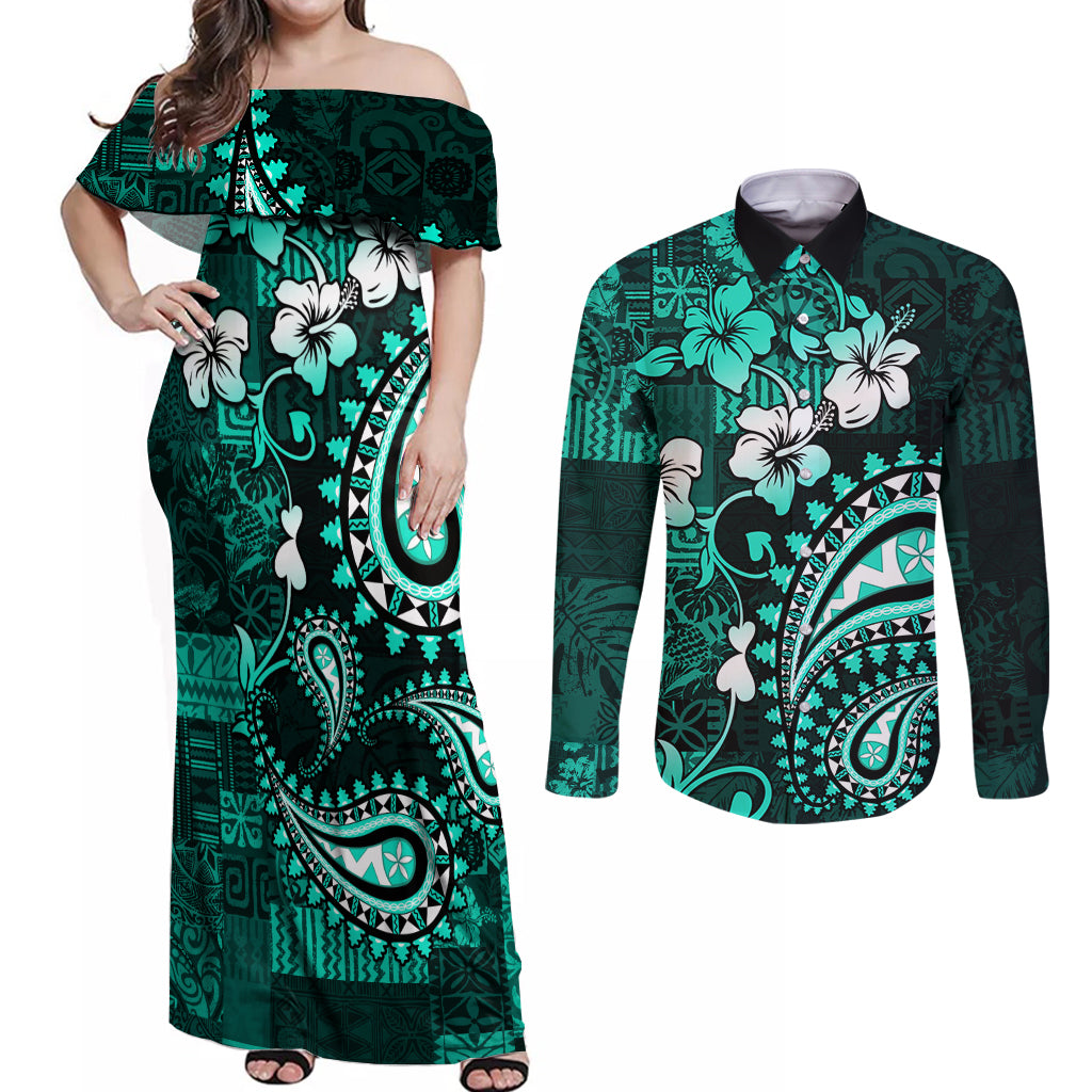 Fiji Masi Paisley Couples Matching Off Shoulder Maxi Dress and Long Sleeve Button Shirt Fijian Hibiscus Tapa Turquoise Version LT01 Turquoise - Polynesian Pride