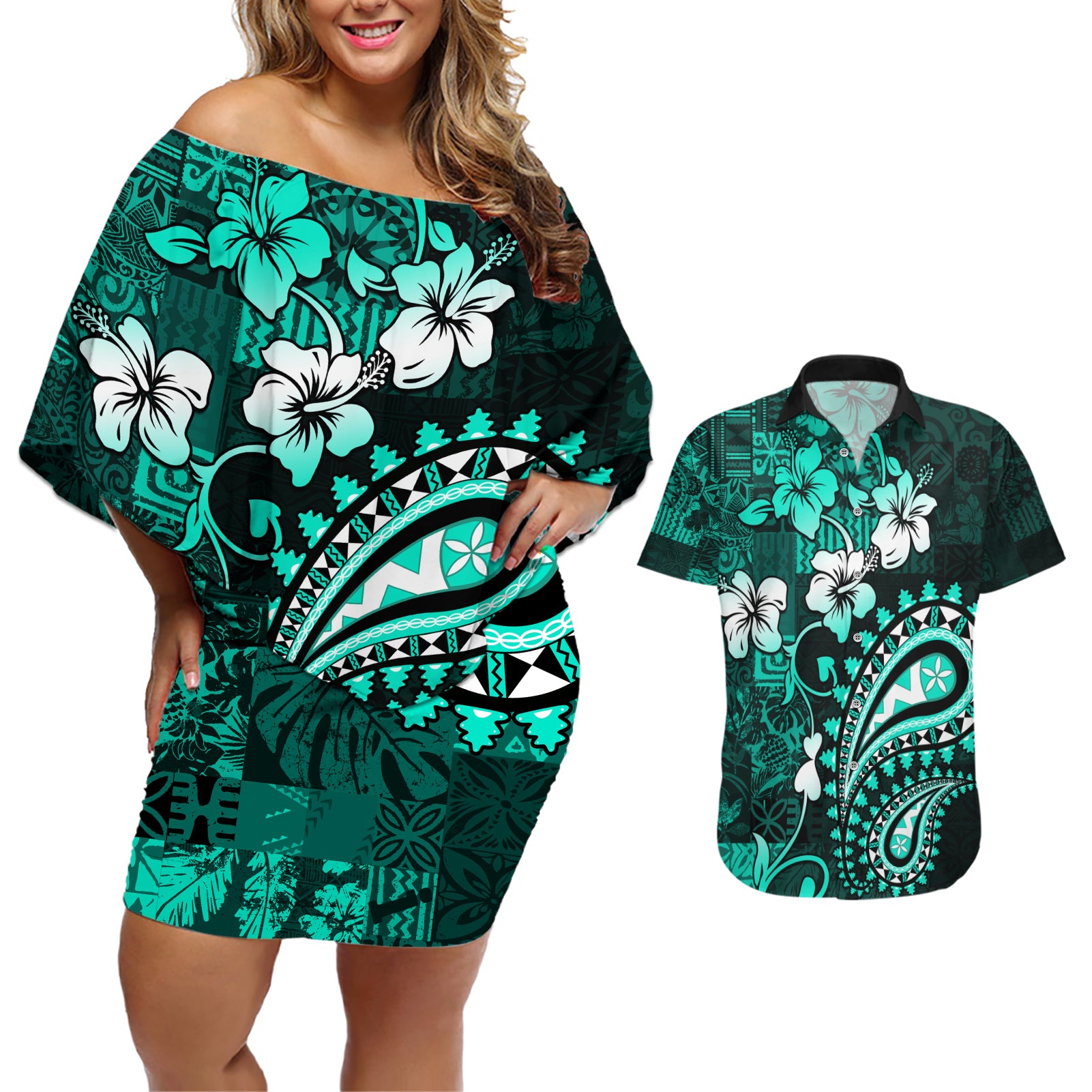 Fiji Masi Paisley Couples Matching Off Shoulder Short Dress and Hawaiian Shirt Fijian Hibiscus Tapa Turquoise Version LT01 Turquoise - Polynesian Pride