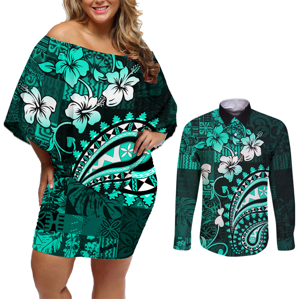 Fiji Masi Paisley Couples Matching Off Shoulder Short Dress and Long Sleeve Button Shirt Fijian Hibiscus Tapa Turquoise Version LT01 Turquoise - Polynesian Pride