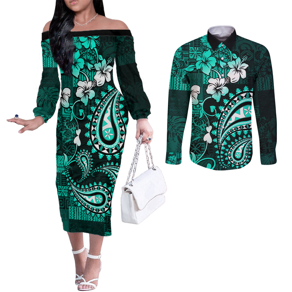 Fiji Masi Paisley Couples Matching Off The Shoulder Long Sleeve Dress and Long Sleeve Button Shirt Fijian Hibiscus Tapa Turquoise Version LT01 Turquoise - Polynesian Pride