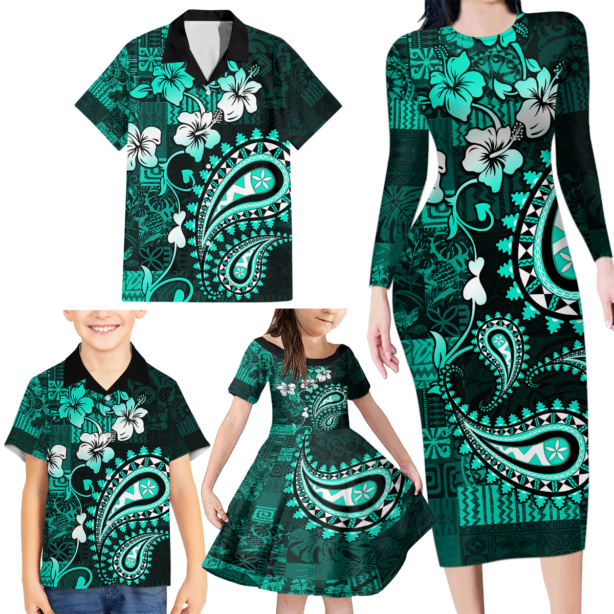 Fiji Masi Paisley Family Matching Long Sleeve Bodycon Dress and Hawaiian Shirt Fijian Hibiscus Tapa Turquoise Version LT01 - Polynesian Pride