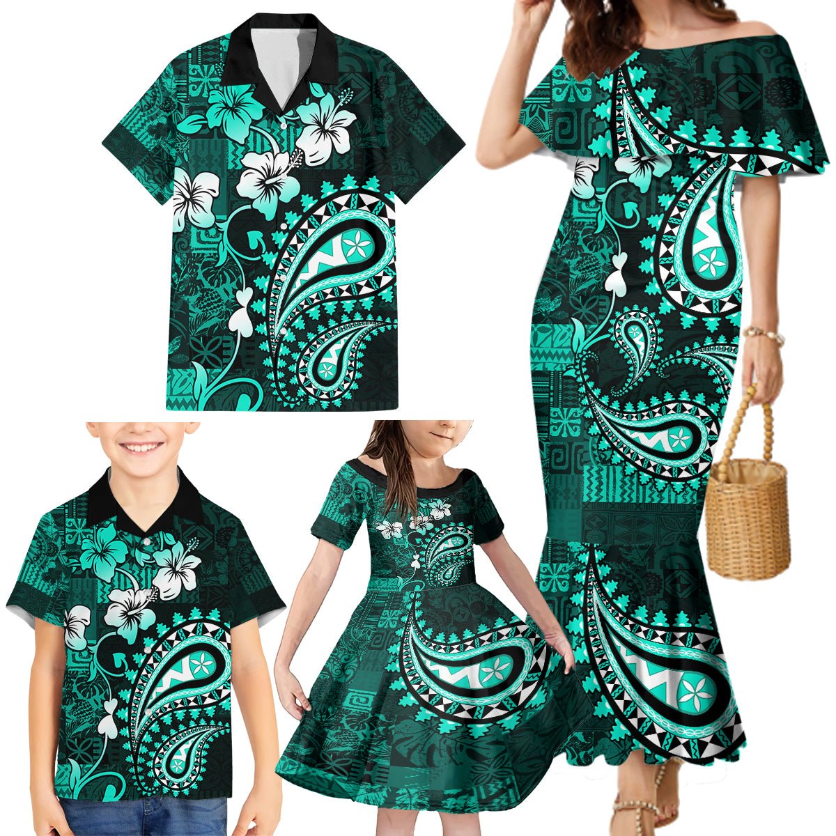 Fiji Masi Paisley Family Matching Mermaid Dress and Hawaiian Shirt Fijian Hibiscus Tapa Turquoise Version LT01 - Polynesian Pride