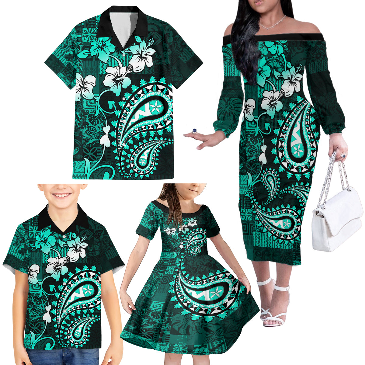 Fiji Masi Paisley Family Matching Off Shoulder Long Sleeve Dress and Hawaiian Shirt Fijian Hibiscus Tapa Turquoise Version LT01 - Polynesian Pride