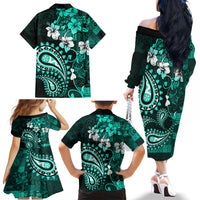 Fiji Masi Paisley Family Matching Off Shoulder Long Sleeve Dress and Hawaiian Shirt Fijian Hibiscus Tapa Turquoise Version LT01 - Polynesian Pride