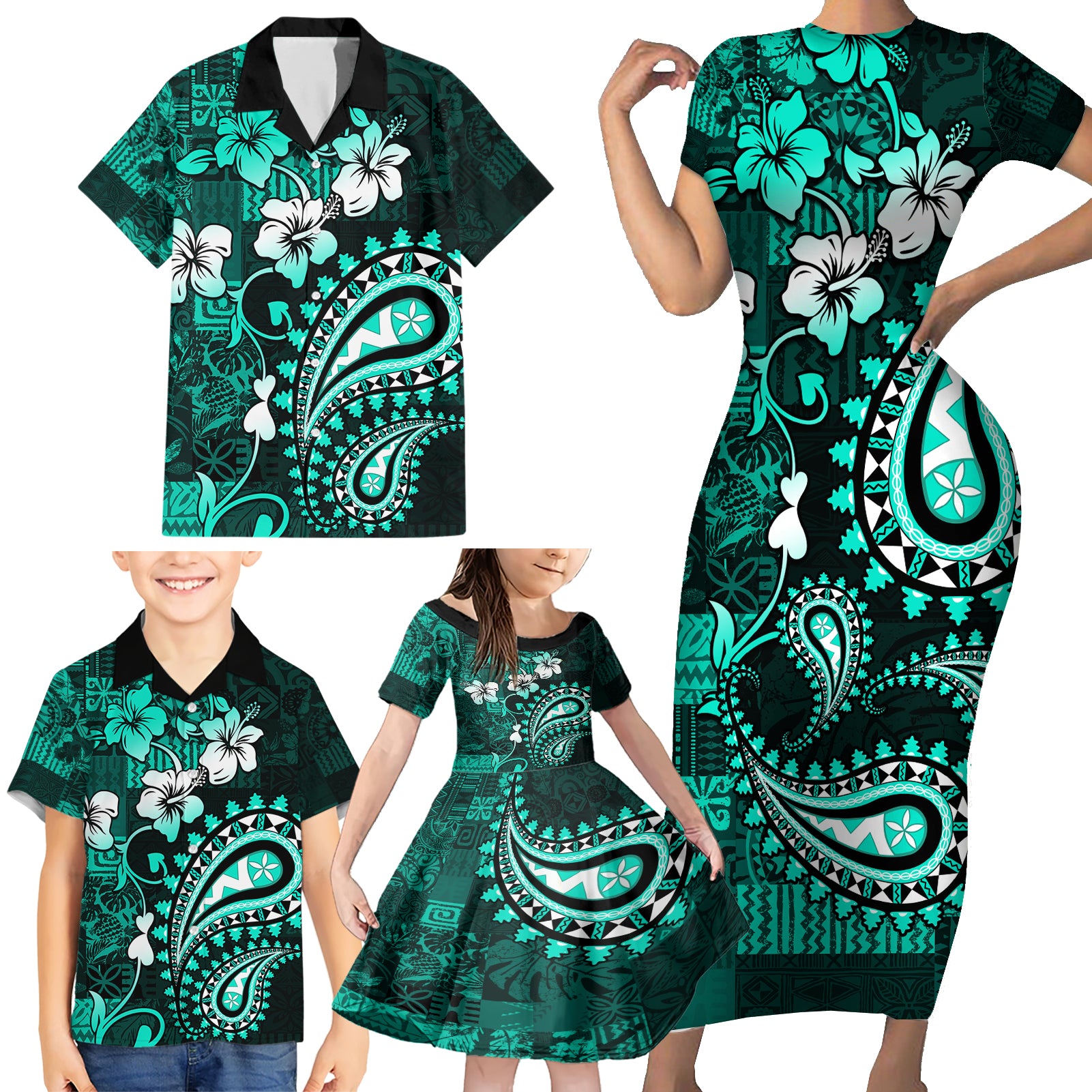 Fiji Masi Paisley Family Matching Short Sleeve Bodycon Dress and Hawaiian Shirt Fijian Hibiscus Tapa Turquoise Version LT01 - Polynesian Pride