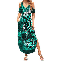 Fiji Masi Paisley Family Matching Summer Maxi Dress and Hawaiian Shirt Fijian Hibiscus Tapa Turquoise Version LT01 Mom's Dress Turquoise - Polynesian Pride