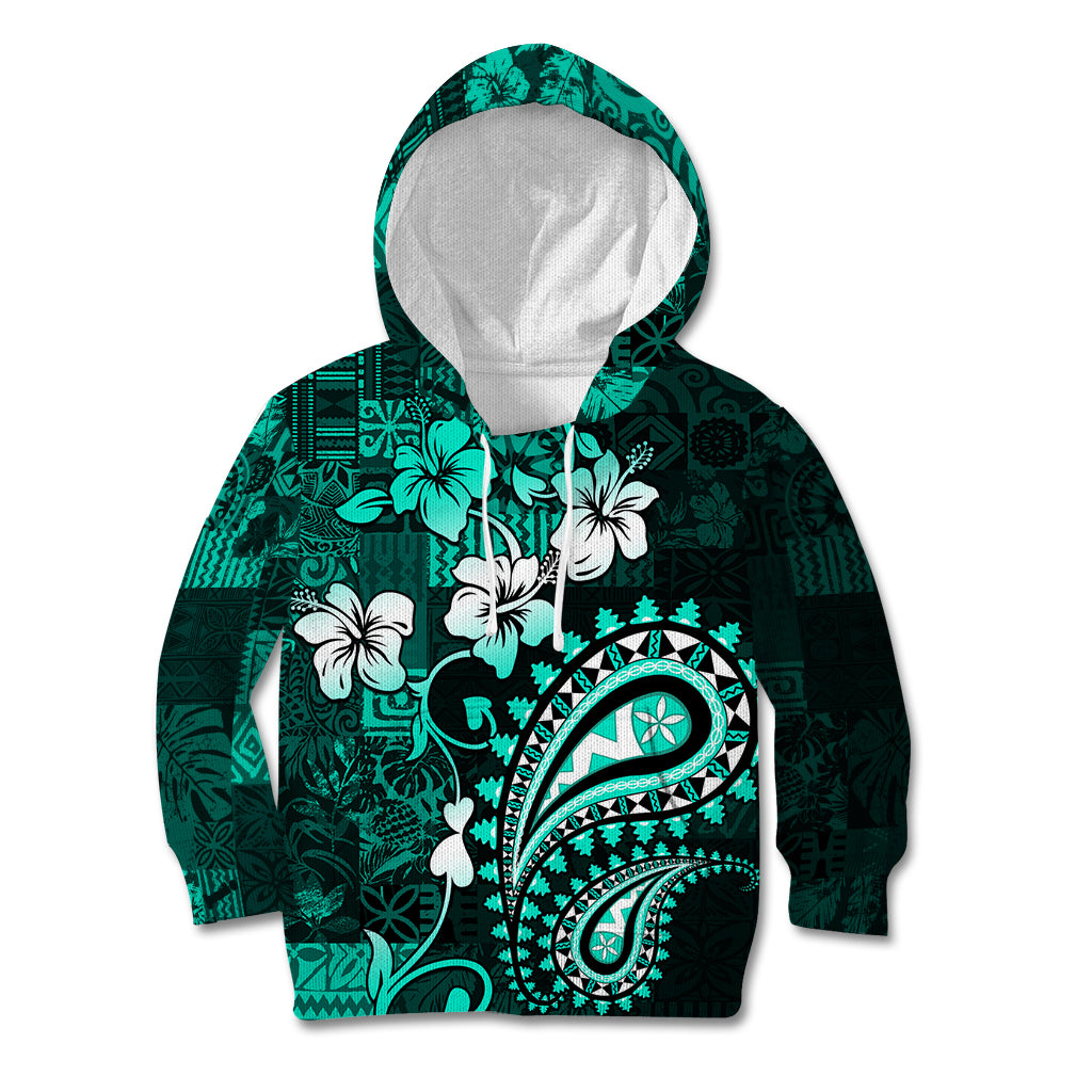 Fiji Masi Paisley Kid Hoodie Fijian Hibiscus Tapa Turquoise Version LT01 Turquoise - Polynesian Pride