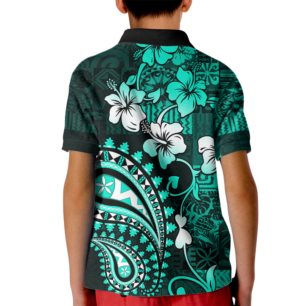 Fiji Masi Paisley Kid Polo Shirt Fijian Hibiscus Tapa Turquoise Version LT01 - Polynesian Pride