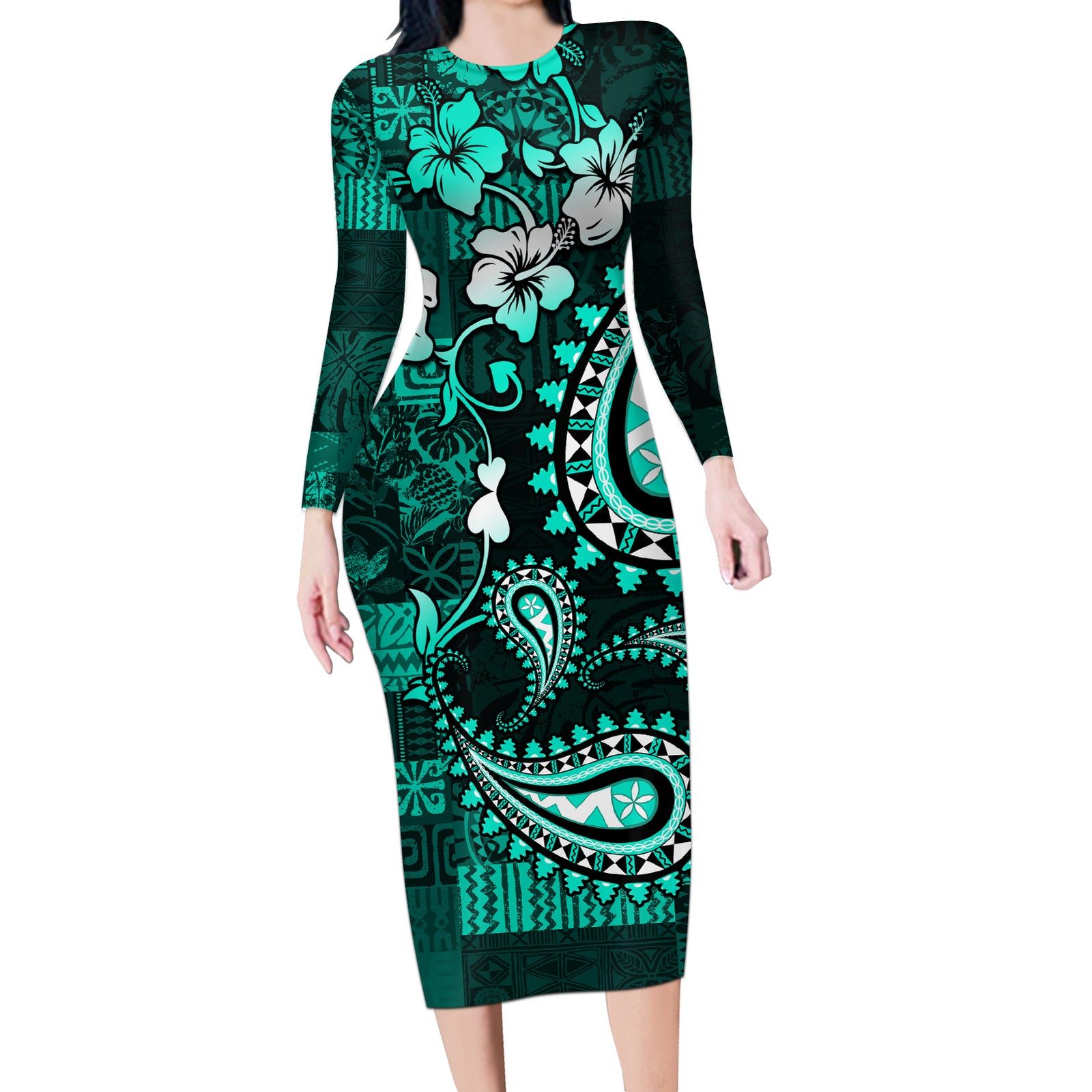 Fiji Masi Paisley Long Sleeve Bodycon Dress Fijian Hibiscus Tapa Turquoise Version LT01 Long Dress Turquoise - Polynesian Pride