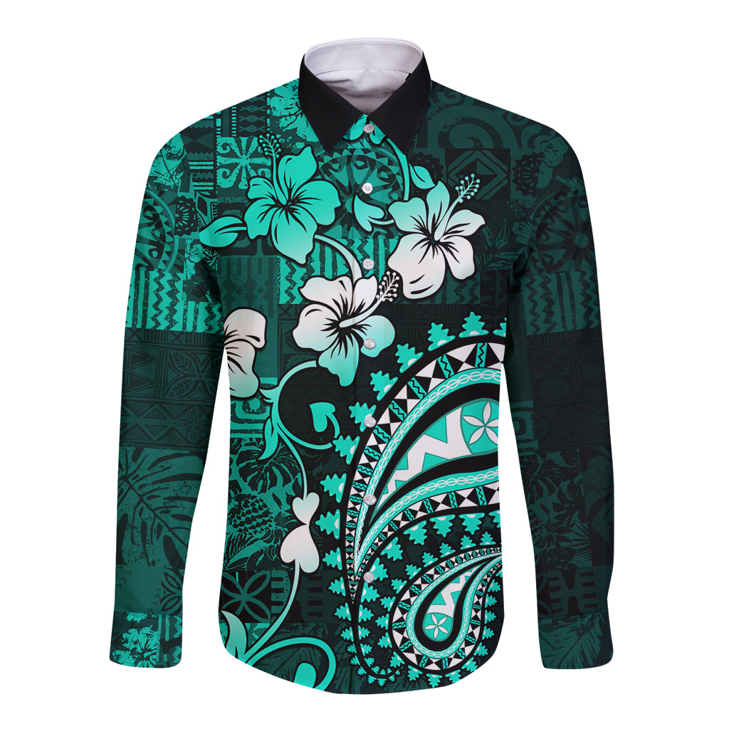 Fiji Masi Paisley Long Sleeve Button Shirt Fijian Hibiscus Tapa Turquoise Version LT01 Unisex Turquoise - Polynesian Pride
