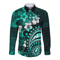 Fiji Masi Paisley Long Sleeve Button Shirt Fijian Hibiscus Tapa Turquoise Version LT01 Unisex Turquoise - Polynesian Pride