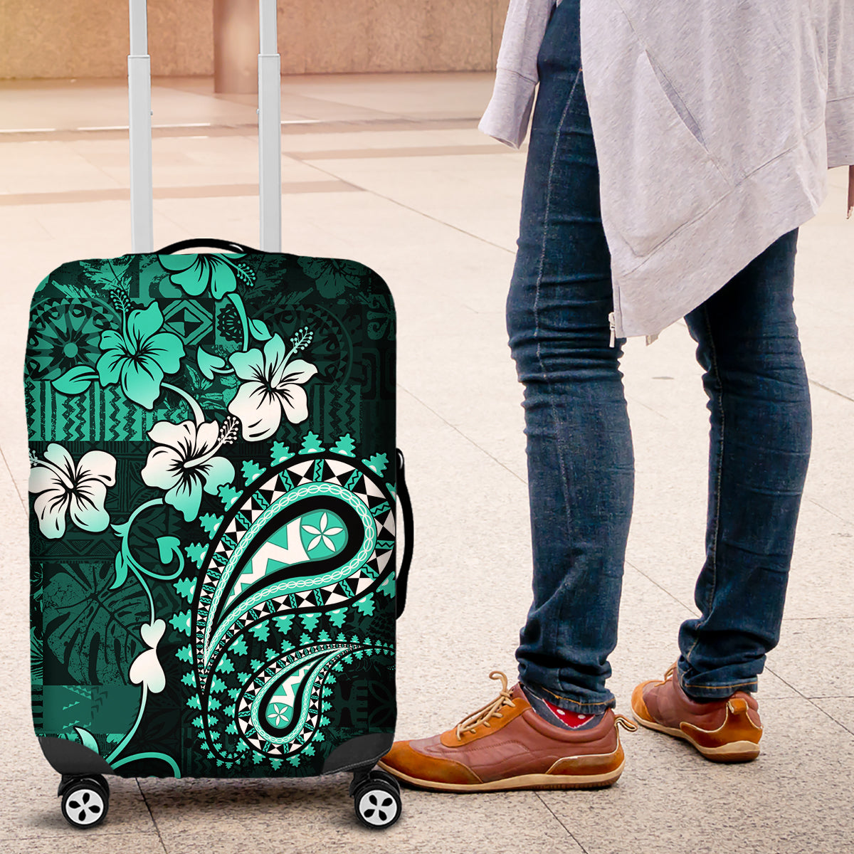 Fiji Masi Paisley Luggage Cover Fijian Hibiscus Tapa Turquoise Version LT01 Turquoise - Polynesian Pride