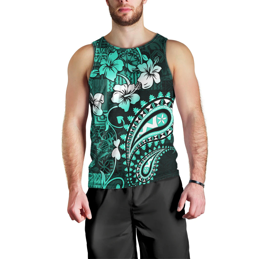 Fiji Masi Paisley Men Tank Top Fijian Hibiscus Tapa Turquoise Version LT01 - Polynesian Pride