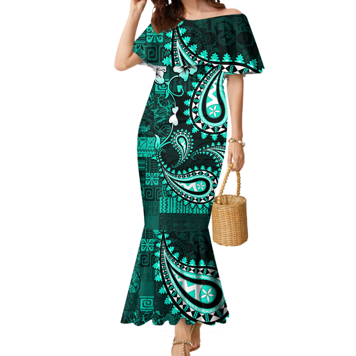 Fiji Masi Paisley Mermaid Dress Fijian Hibiscus Tapa Turquoise Version LT01 Women Turquoise - Polynesian Pride