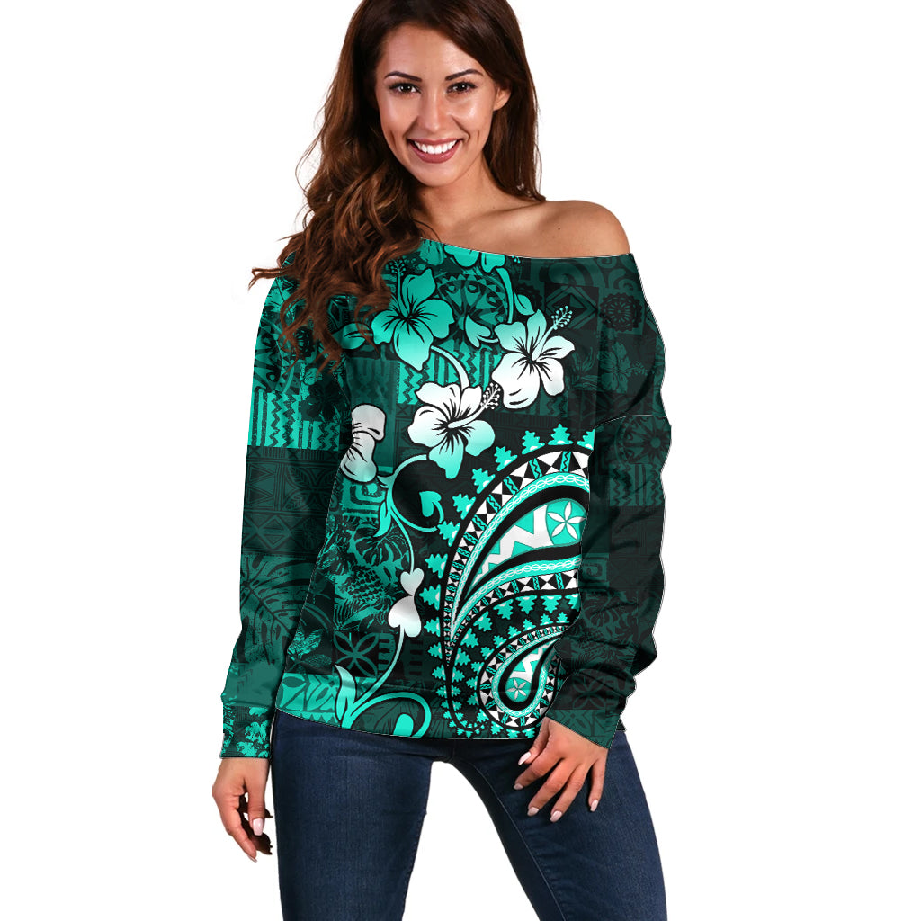 Fiji Masi Paisley Off Shoulder Sweater Fijian Hibiscus Tapa Turquoise Version LT01 Women Turquoise - Polynesian Pride