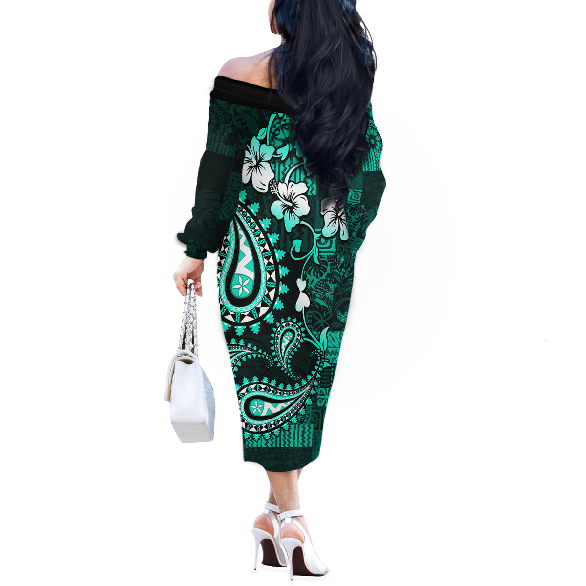 Fiji Masi Paisley Off The Shoulder Long Sleeve Dress Fijian Hibiscus Tapa Turquoise Version LT01 - Polynesian Pride