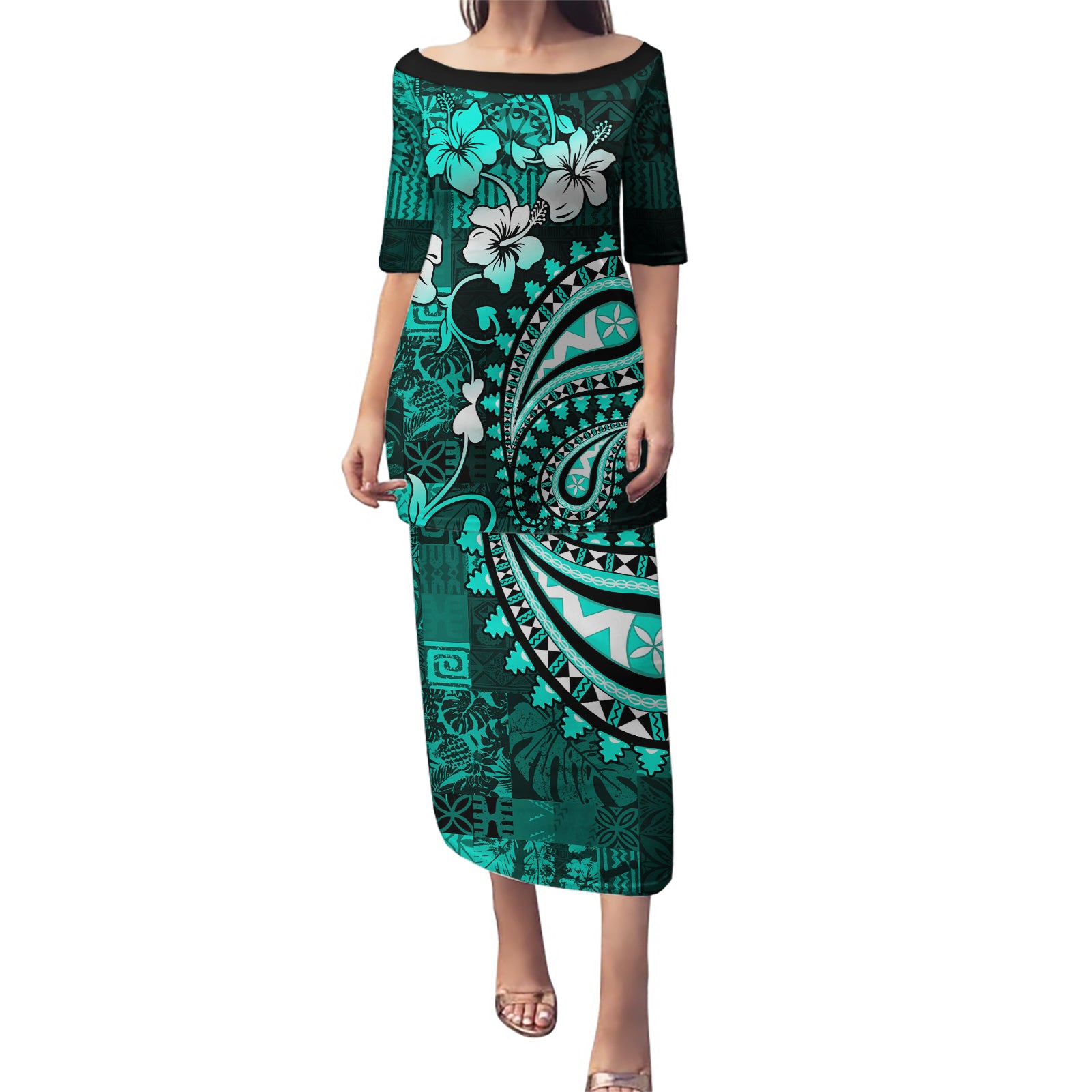 Fiji Masi Paisley Puletasi Fijian Hibiscus Tapa Turquoise Version LT01 Long Dress Turquoise - Polynesian Pride