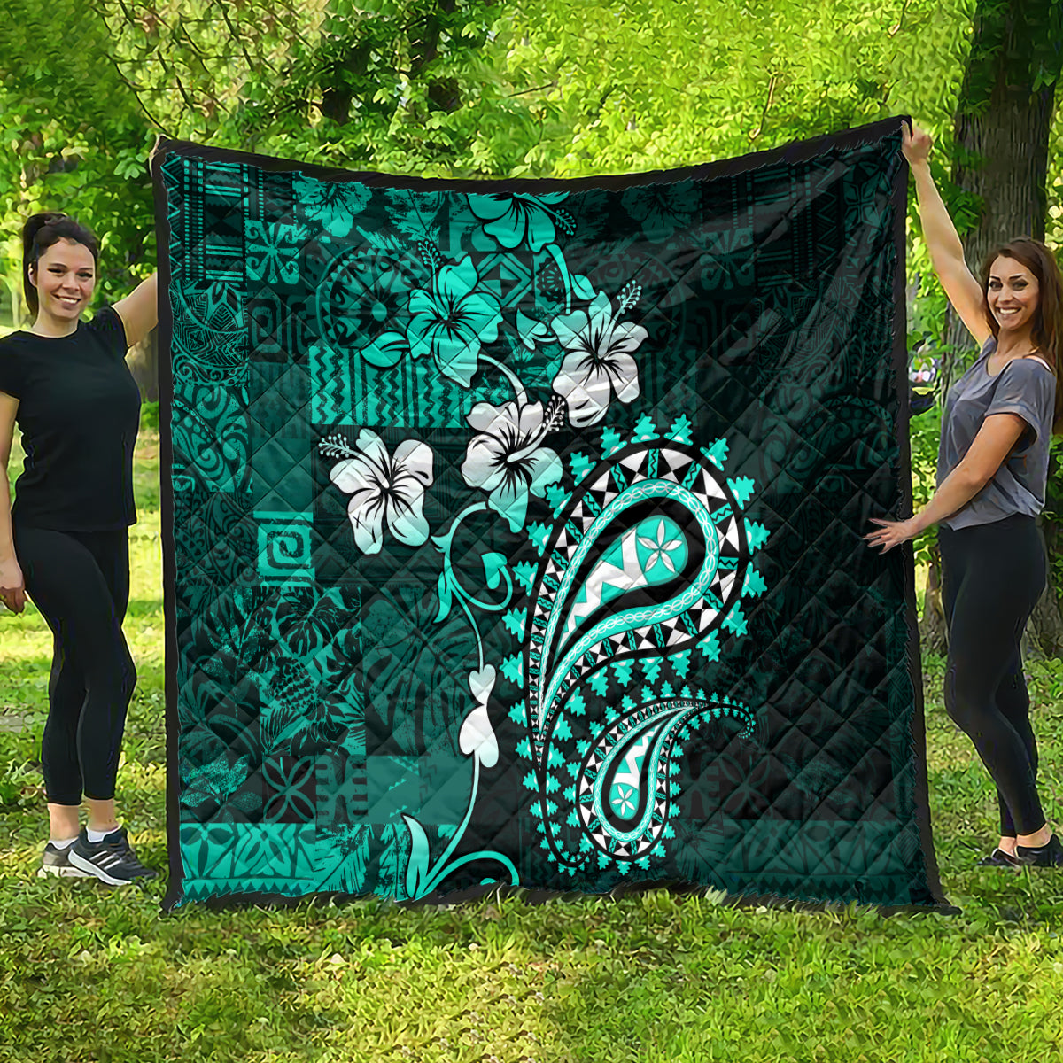 Fiji Masi Paisley Quilt Fijian Hibiscus Tapa Turquoise Version LT01 - Polynesian Pride